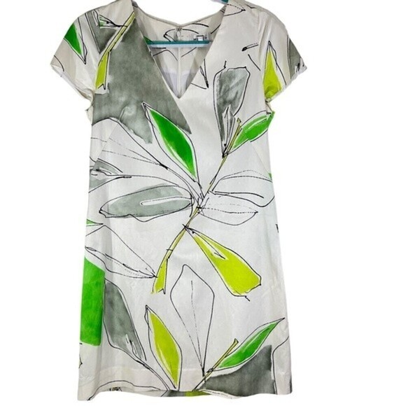 Milly Floral Graphic White Gray Green Cap Sleeve Sheath Dress Size 6 - Picture 7 of 12